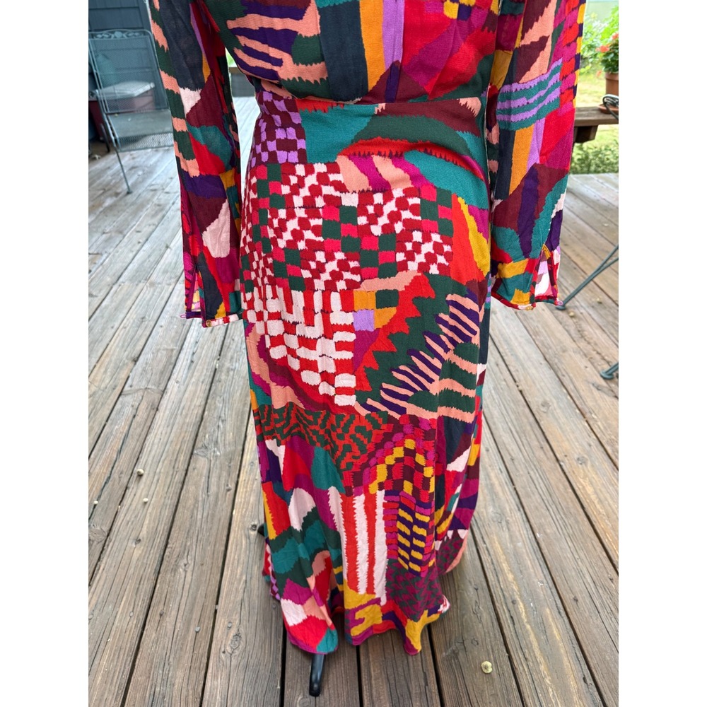 Farm Rio Mixed Abstract Print Maxi Dress V-Neck Long Sleeve Multi-Color Large - Picture 9 of 16
